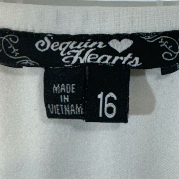 Sequin Hearts White Chiffon Ruffle Mini Dress Black Waist Bow 16 Formal Goth Y2K - Picture 6 of 8